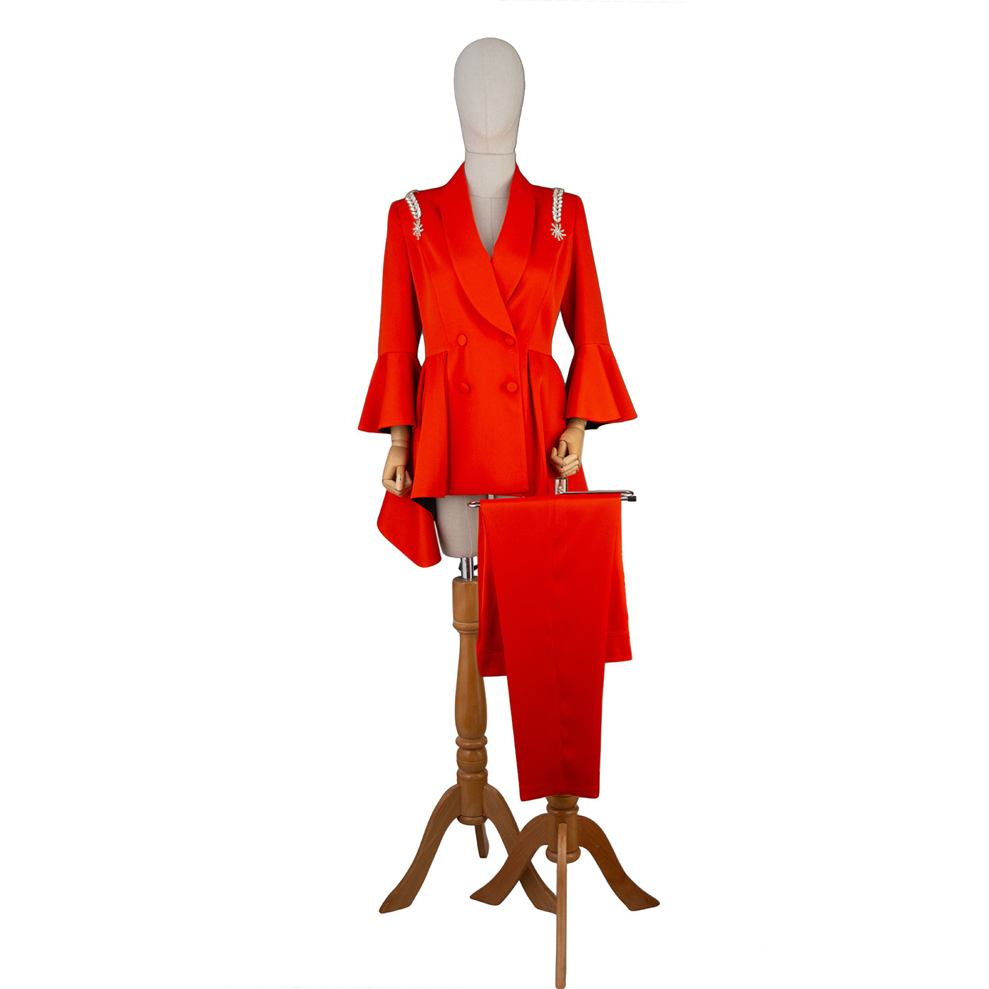 Bold Red Flared Sleeve Suit with Pearl Shoulder Detail