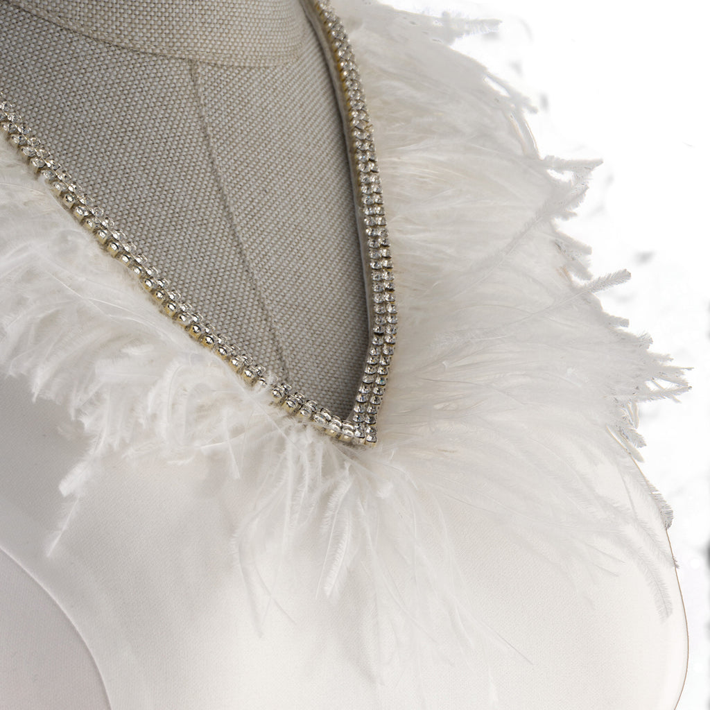 Elegant White Midi Dress with Feathers and Slit