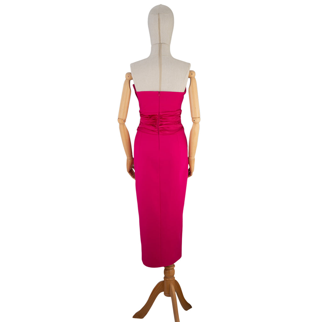 Fuchsia Midi Dress with Decorative Bow and Asymmetric Neckline