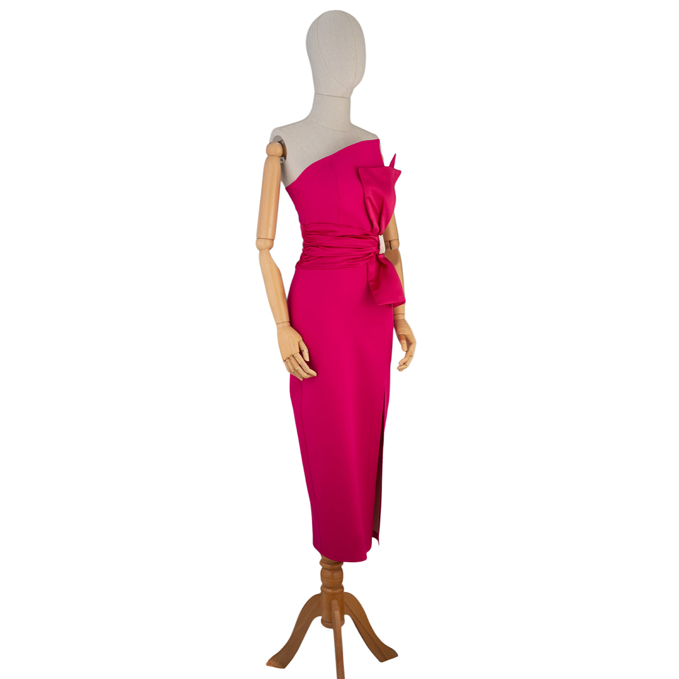 Fuchsia Midi Dress with Decorative Bow and Asymmetric Neckline