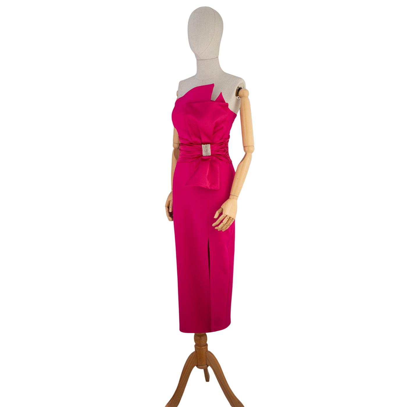 Fuchsia Midi Dress with Decorative Bow and Asymmetric Neckline