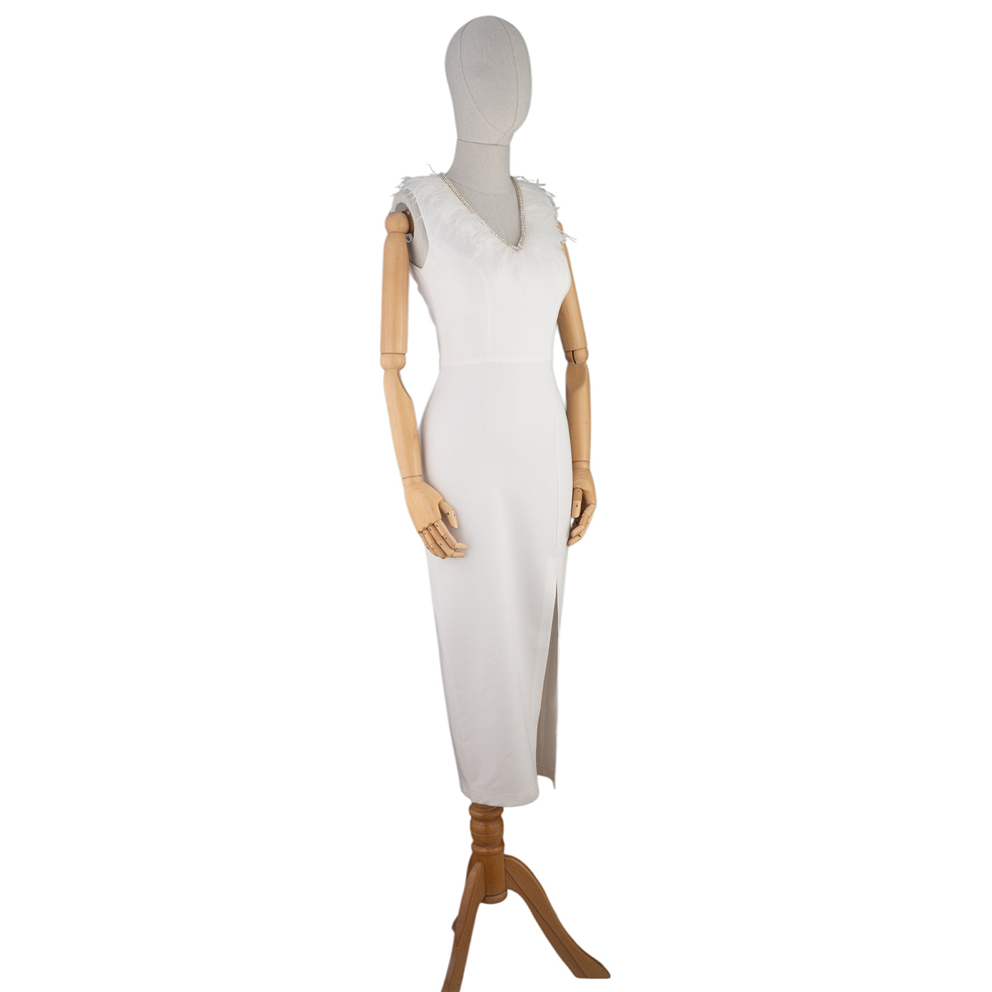 Elegant White Midi Dress with Feathers and Slit