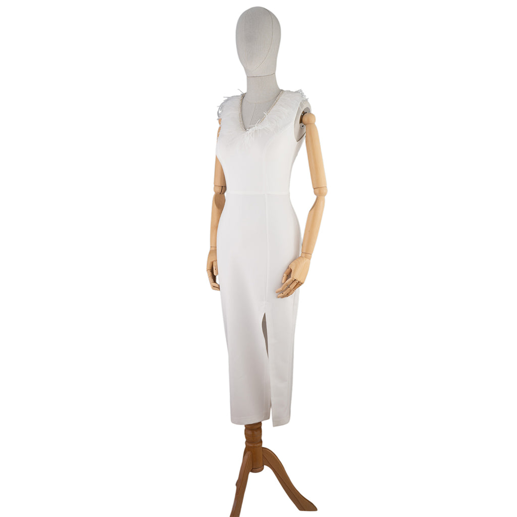 Elegant White Midi Dress with Feathers and Slit