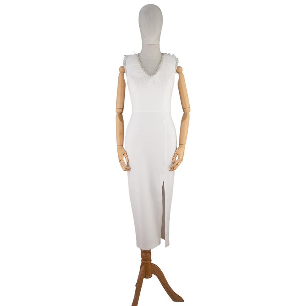 Elegant White Midi Dress with Feathers and Slit