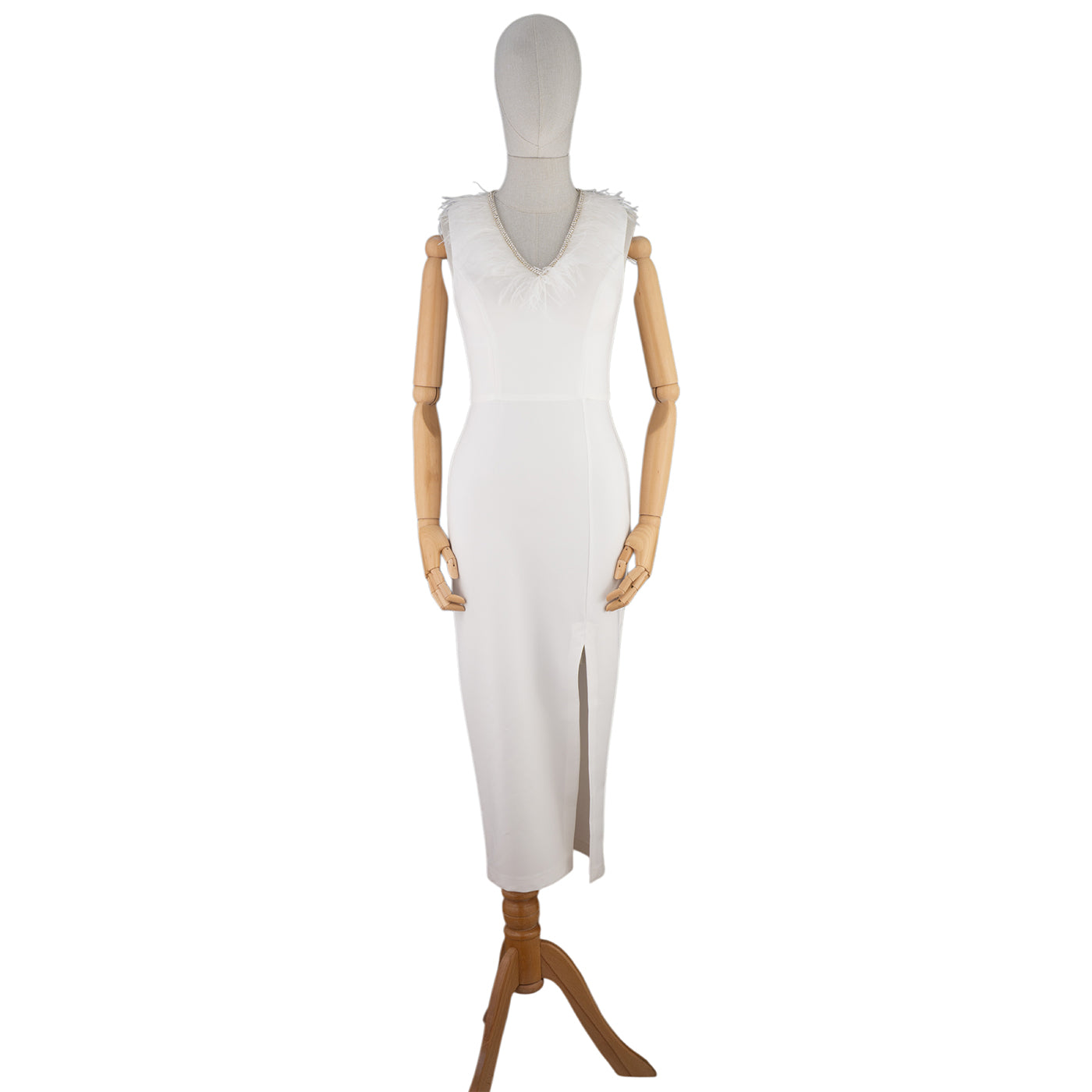 Elegant White Midi Dress with Feathers and Slit