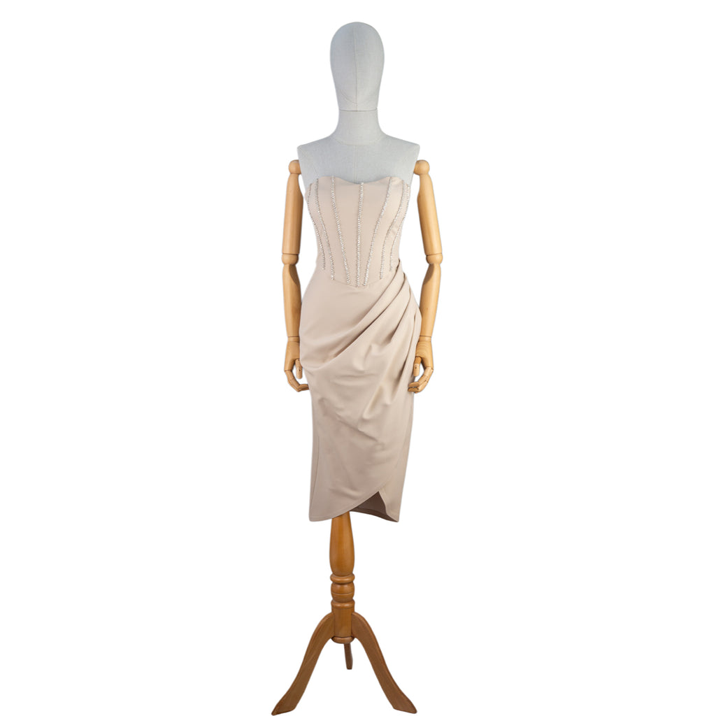 Draped Midi Dress with Rhinestone Corset — Pure Sophistication