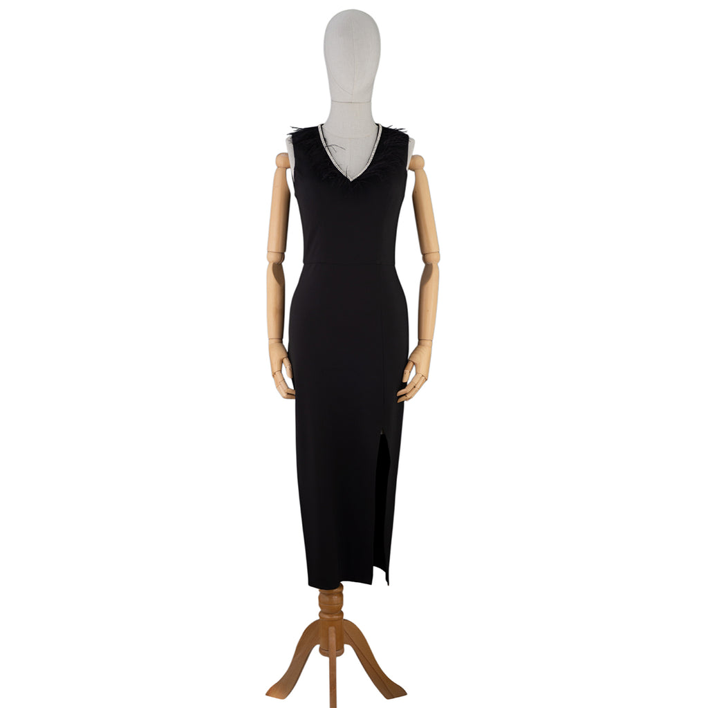 Black Midi Dress with Feathers and Front Slit