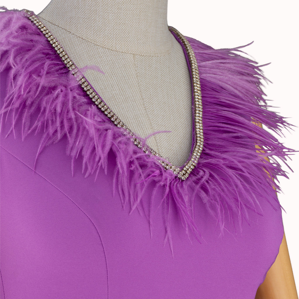 Purple Feather Midi Dress with Front Slit