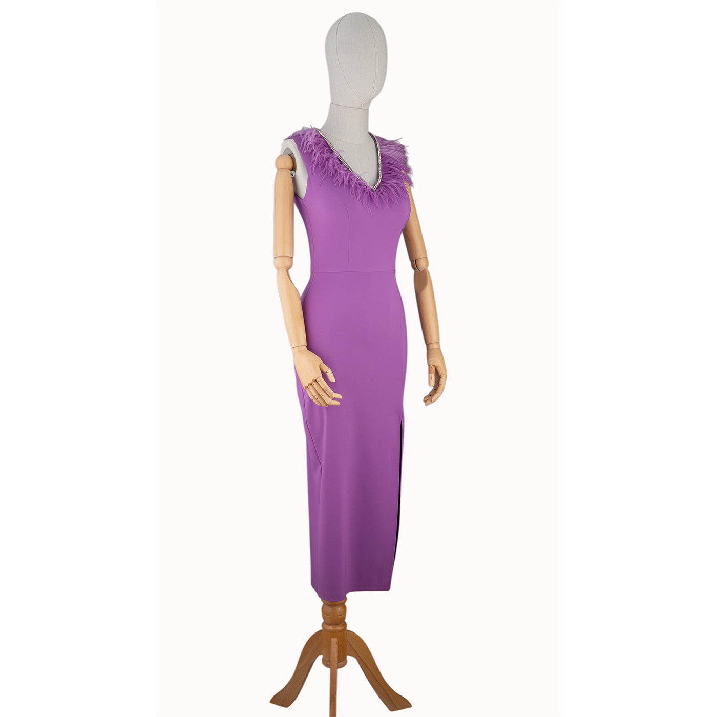 Purple Feather Midi Dress with Front Slit