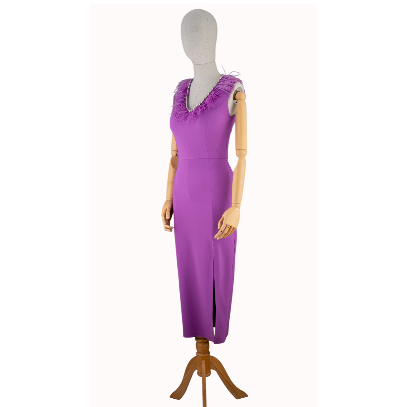Purple Feather Midi Dress with Front Slit