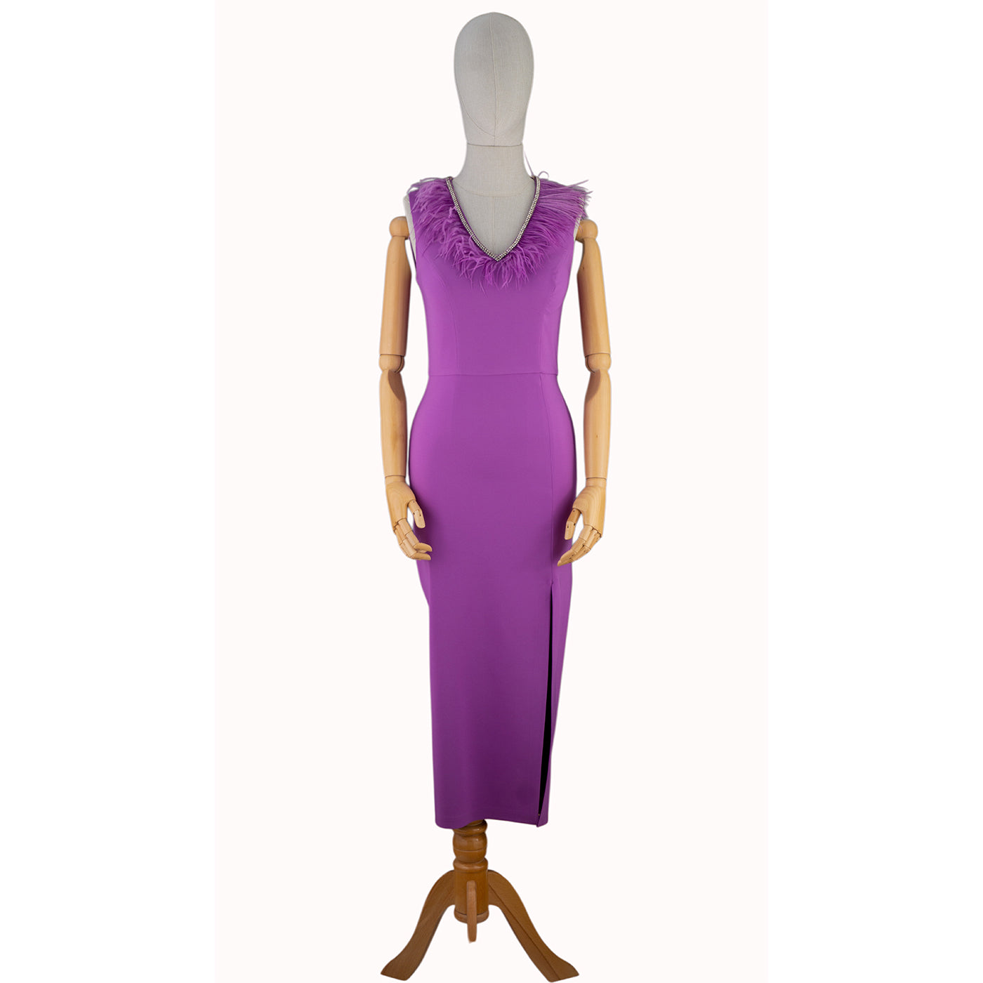 Purple Feather Midi Dress with Front Slit