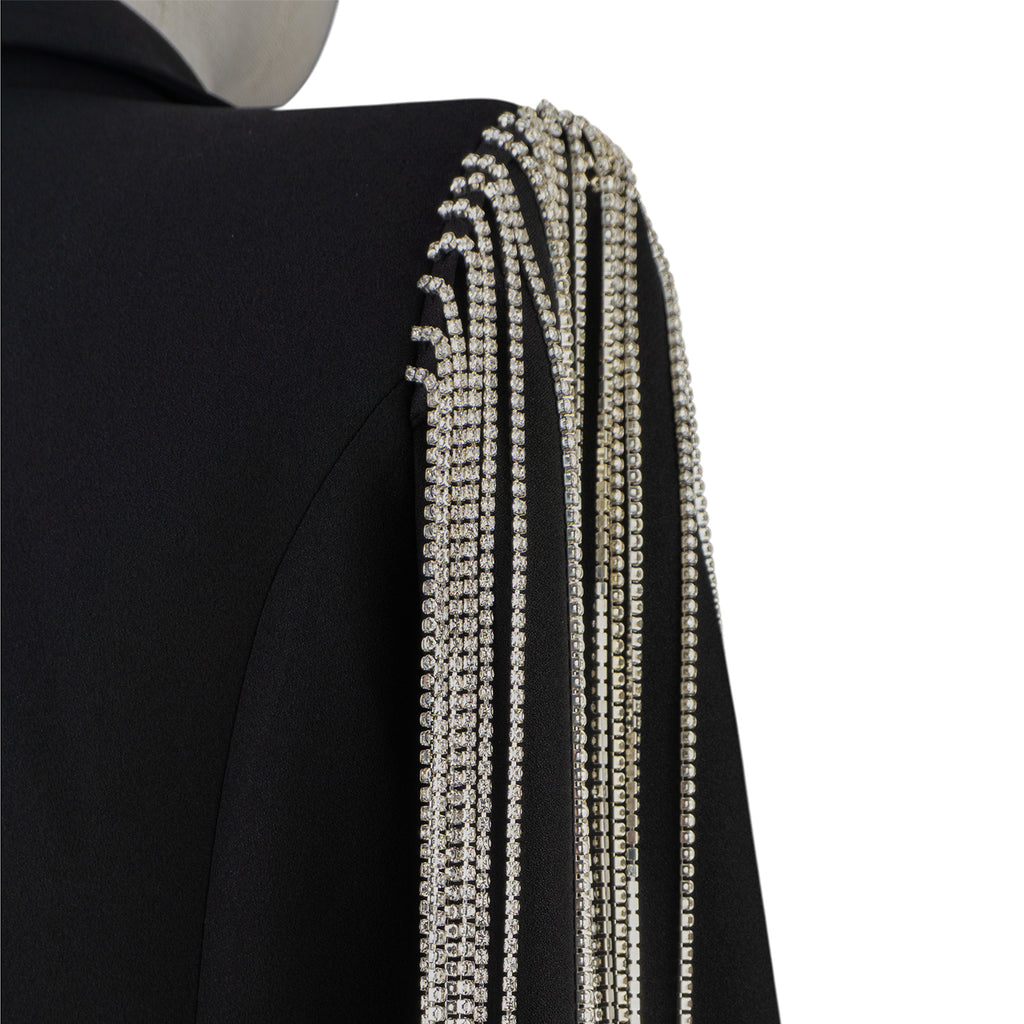 Black Women's Suit with Rhinestone Shoulder Detail – Bold &amp; Elegant Statement