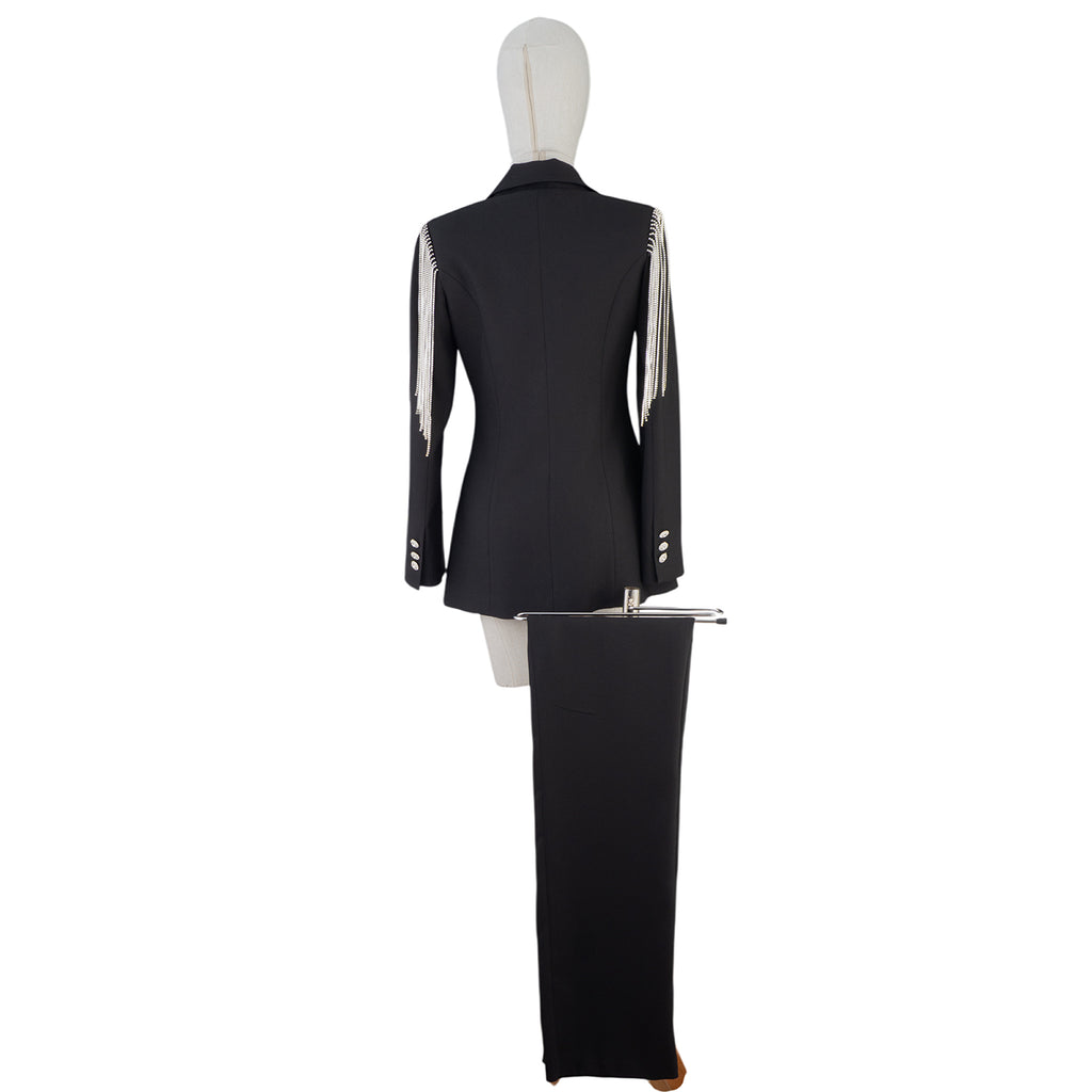 Black Women's Suit with Rhinestone Shoulder Detail – Bold &amp; Elegant Statement
