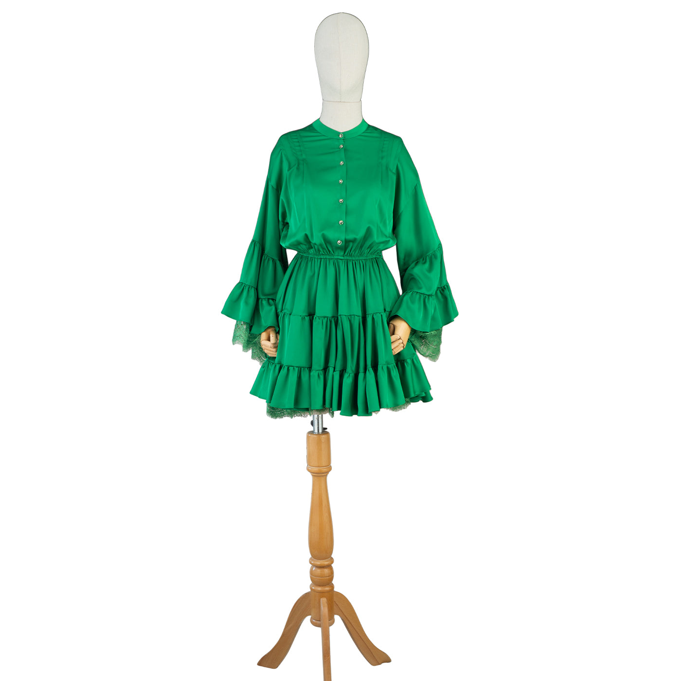 Green Ruffled Mini Dress with Lace Details – Playful &amp; Feminine