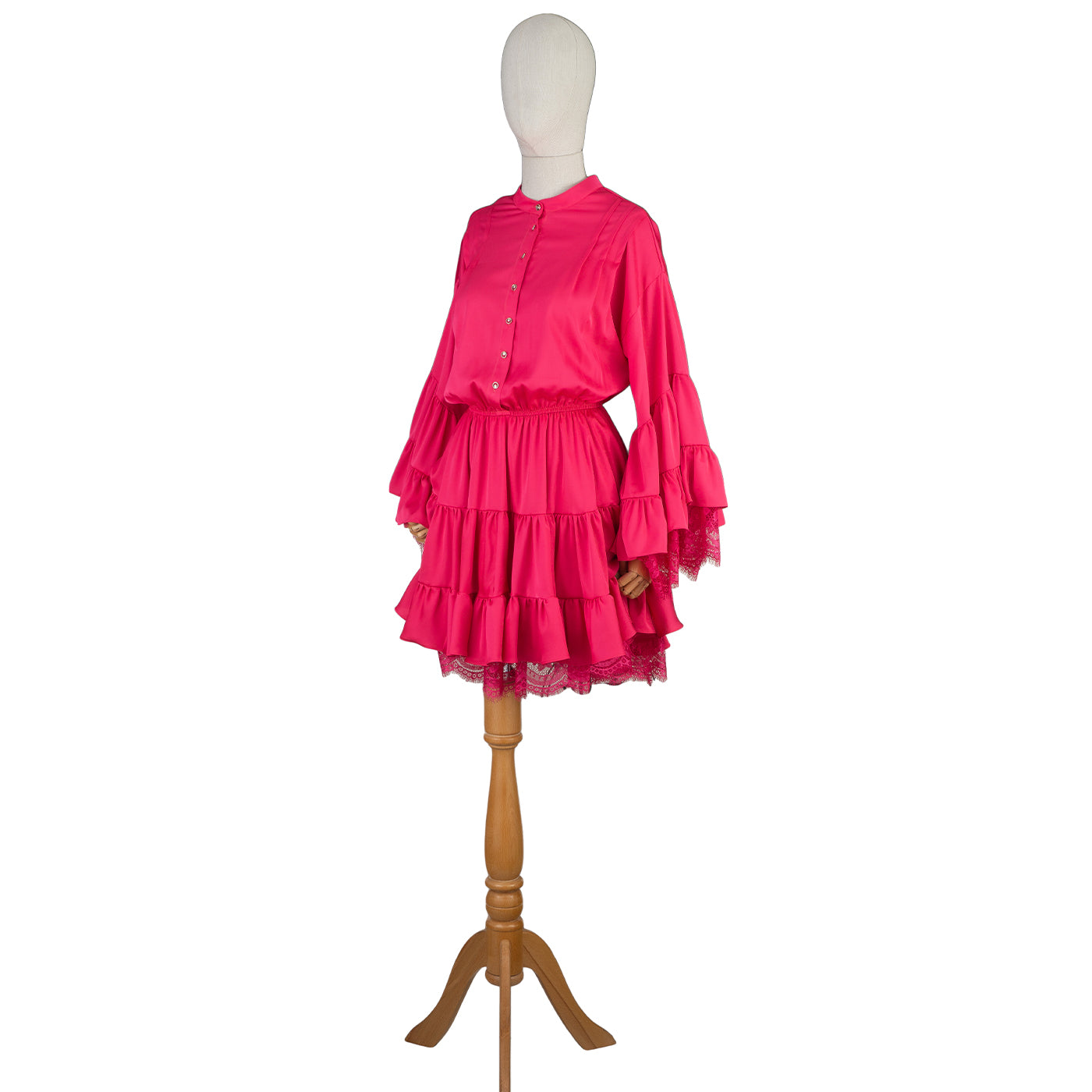 Hot Pink Ruffled Mini Dress with Lace – Bold & Feminine Charm