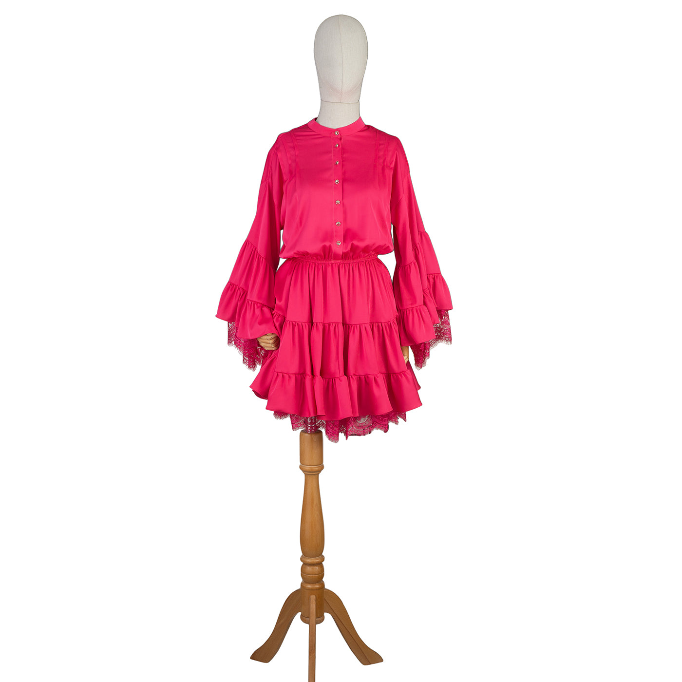Hot Pink Ruffled Mini Dress with Lace – Bold & Feminine Charm