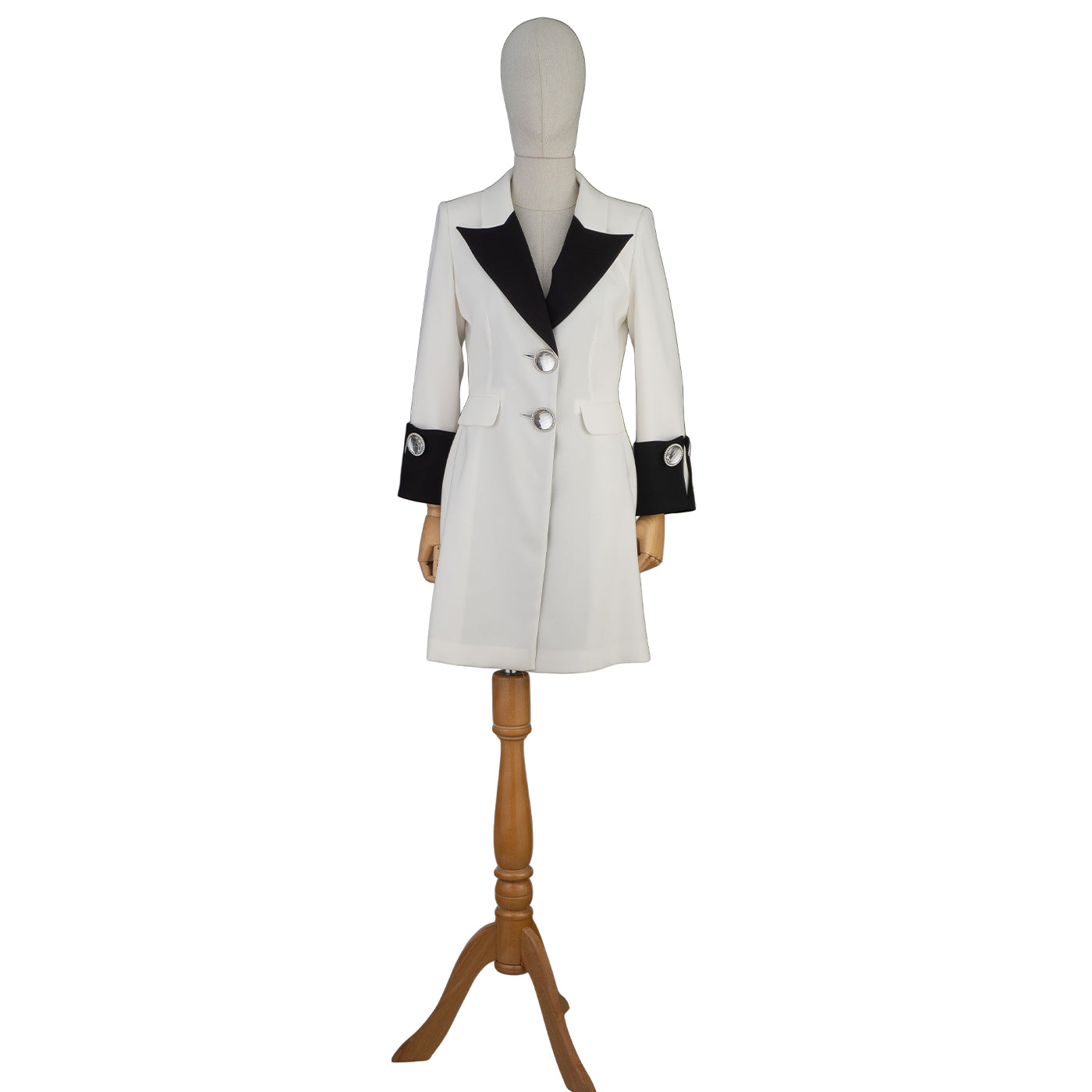 White and Black Blazer Dress with Statement Buttons – Bold Elegance