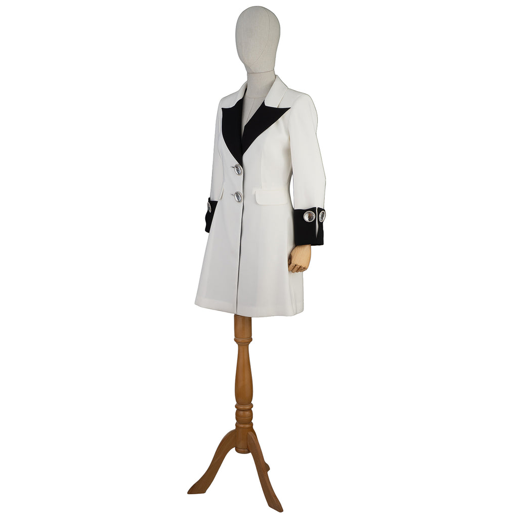 White and Black Blazer Dress with Statement Buttons – Bold Elegance
