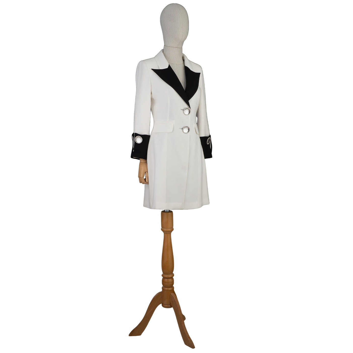 White and Black Blazer Dress with Statement Buttons – Bold Elegance