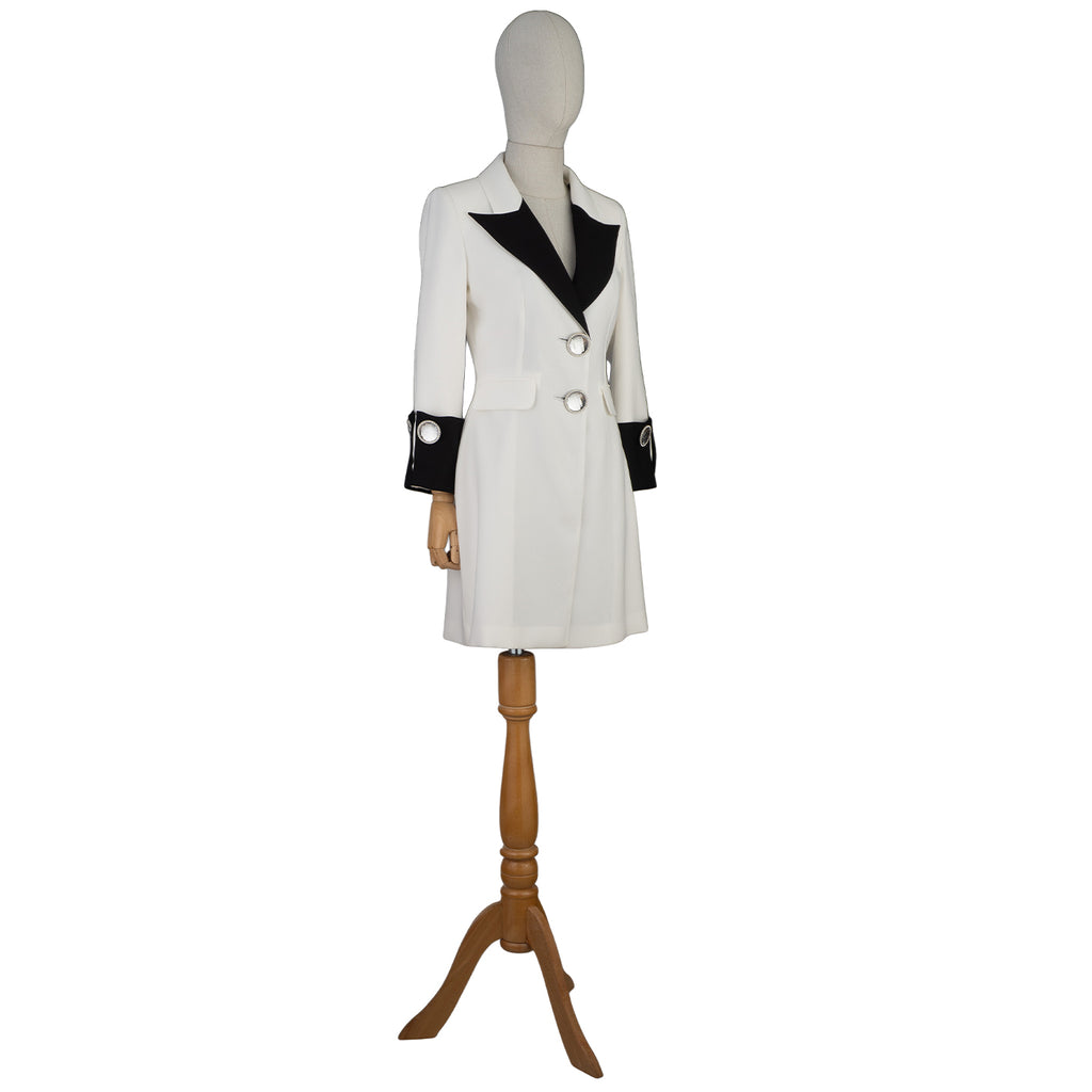 White and Black Blazer Dress with Statement Buttons – Bold Elegance