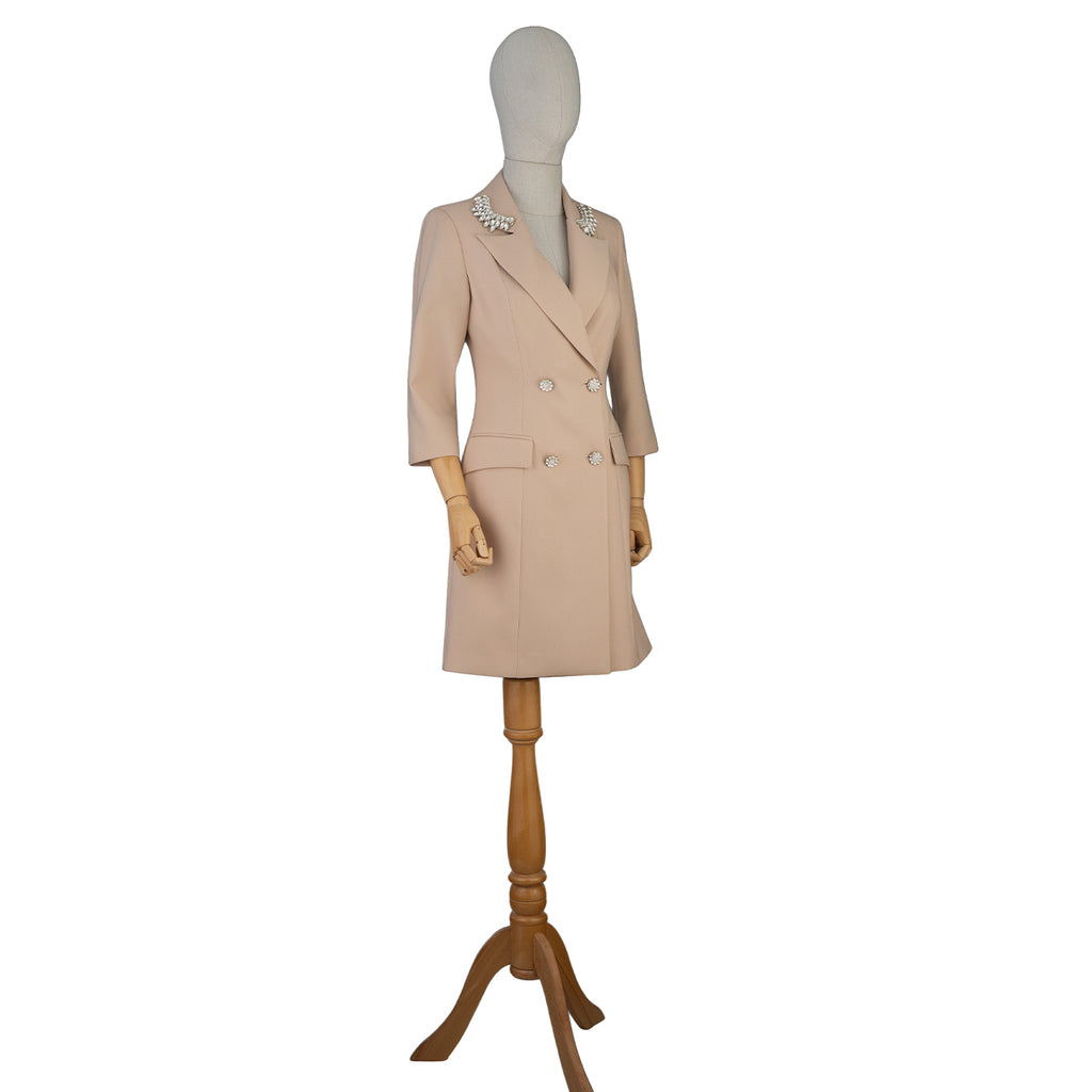Beige Blazer Dress with Embellished Collar – Refined Smart Chic