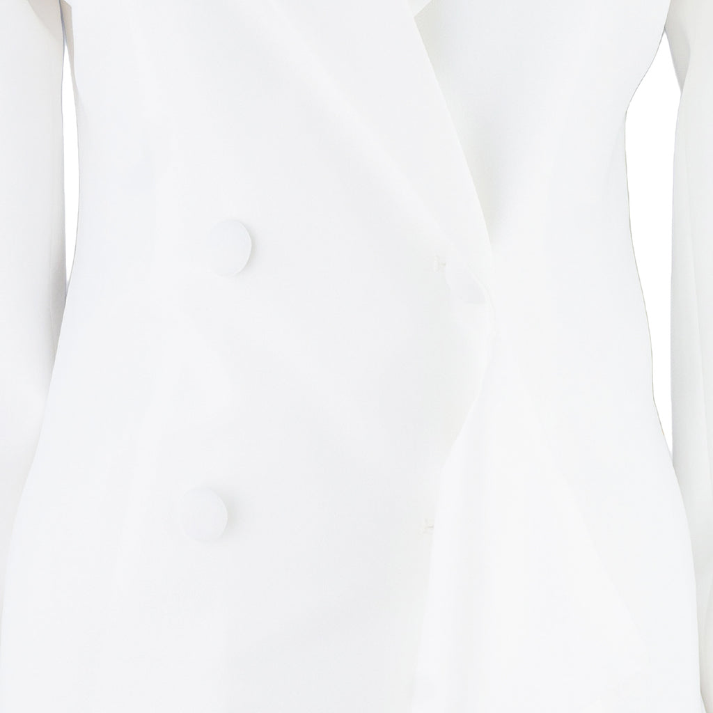 White Women's Blazer Dress with Ruffle and Decorative Flower