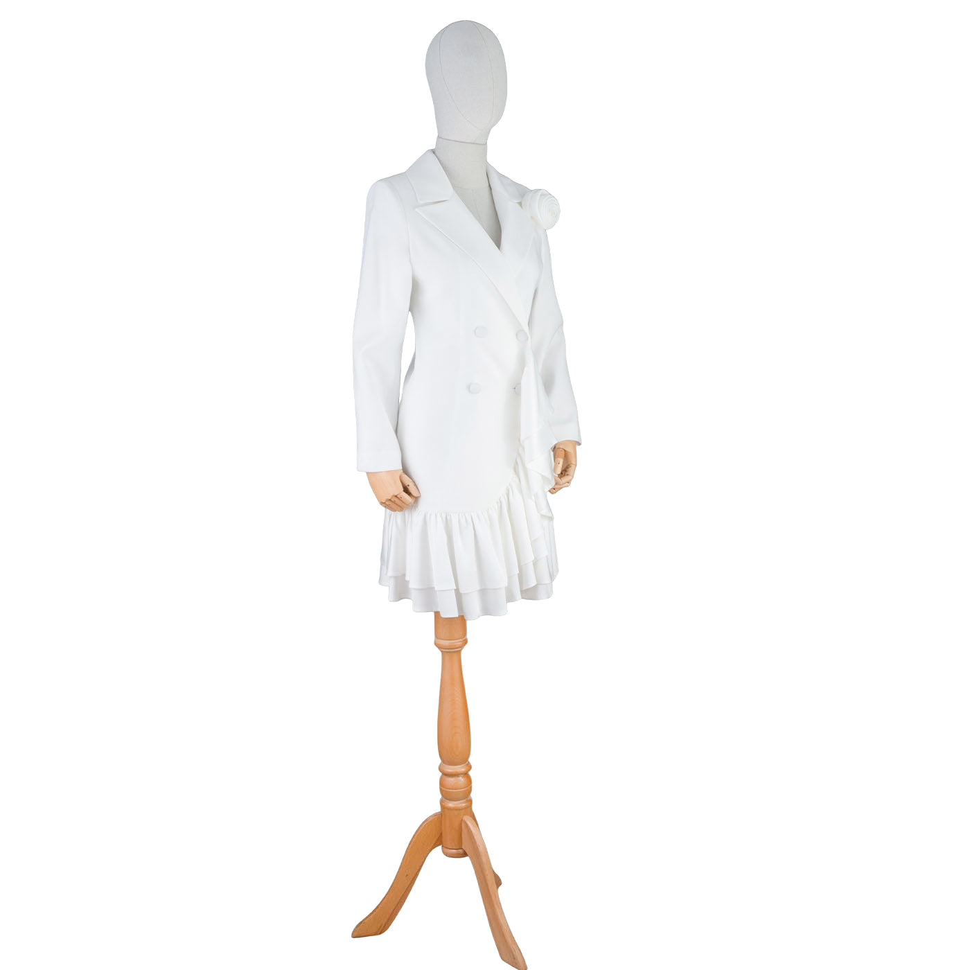 White Women's Blazer Dress with Ruffle and Decorative Flower