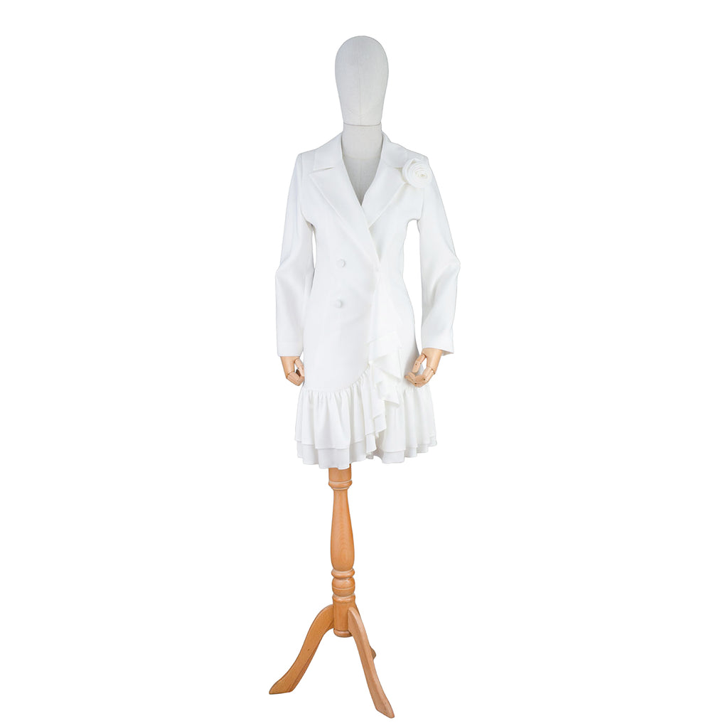 White Women's Blazer Dress with Ruffle and Decorative Flower
