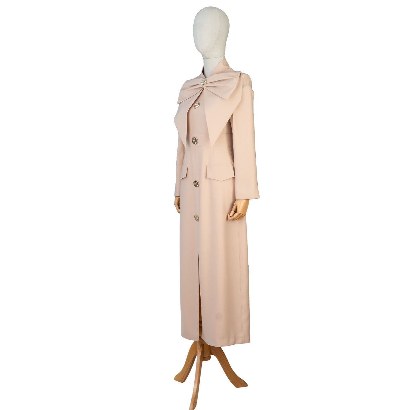 Beige Women's Maxi Coat Dress with Bow and Decorative Buttons