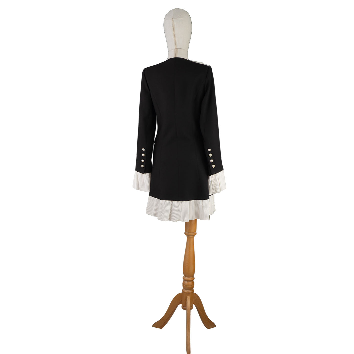 Black Blazer Dress with White Pleated Accents and Pearl Buttons