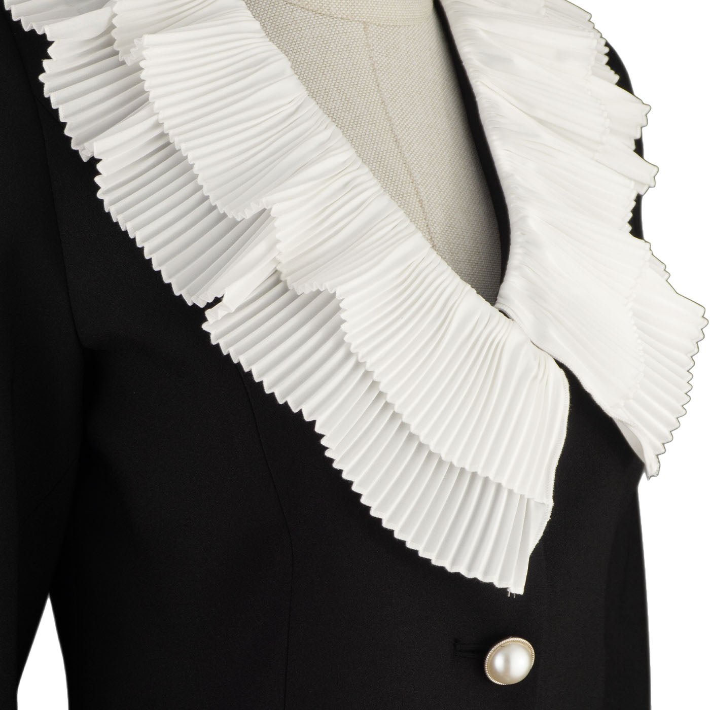Black Blazer Dress with White Pleated Accents and Pearl Buttons
