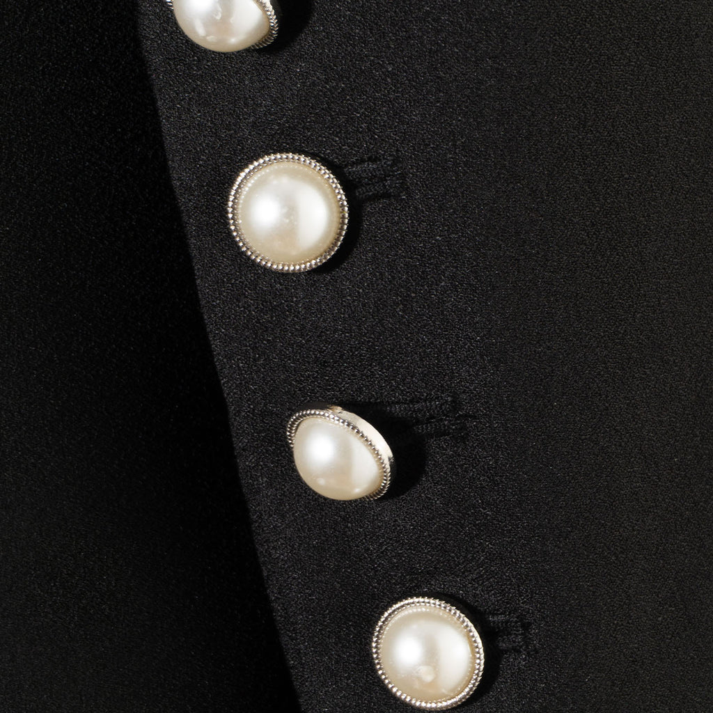 Black Blazer Dress with White Pleated Accents and Pearl Buttons