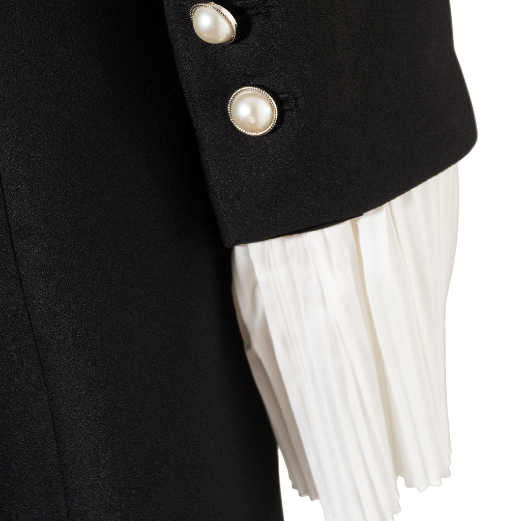 Black Blazer Dress with White Pleated Accents and Pearl Buttons