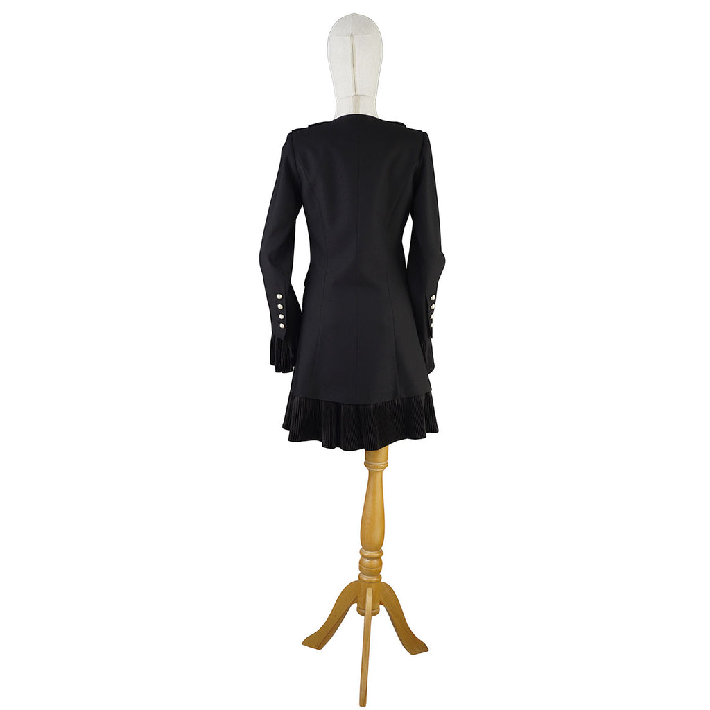 Black Women's Dress with Pleated Ruffles and Pearl Buttons