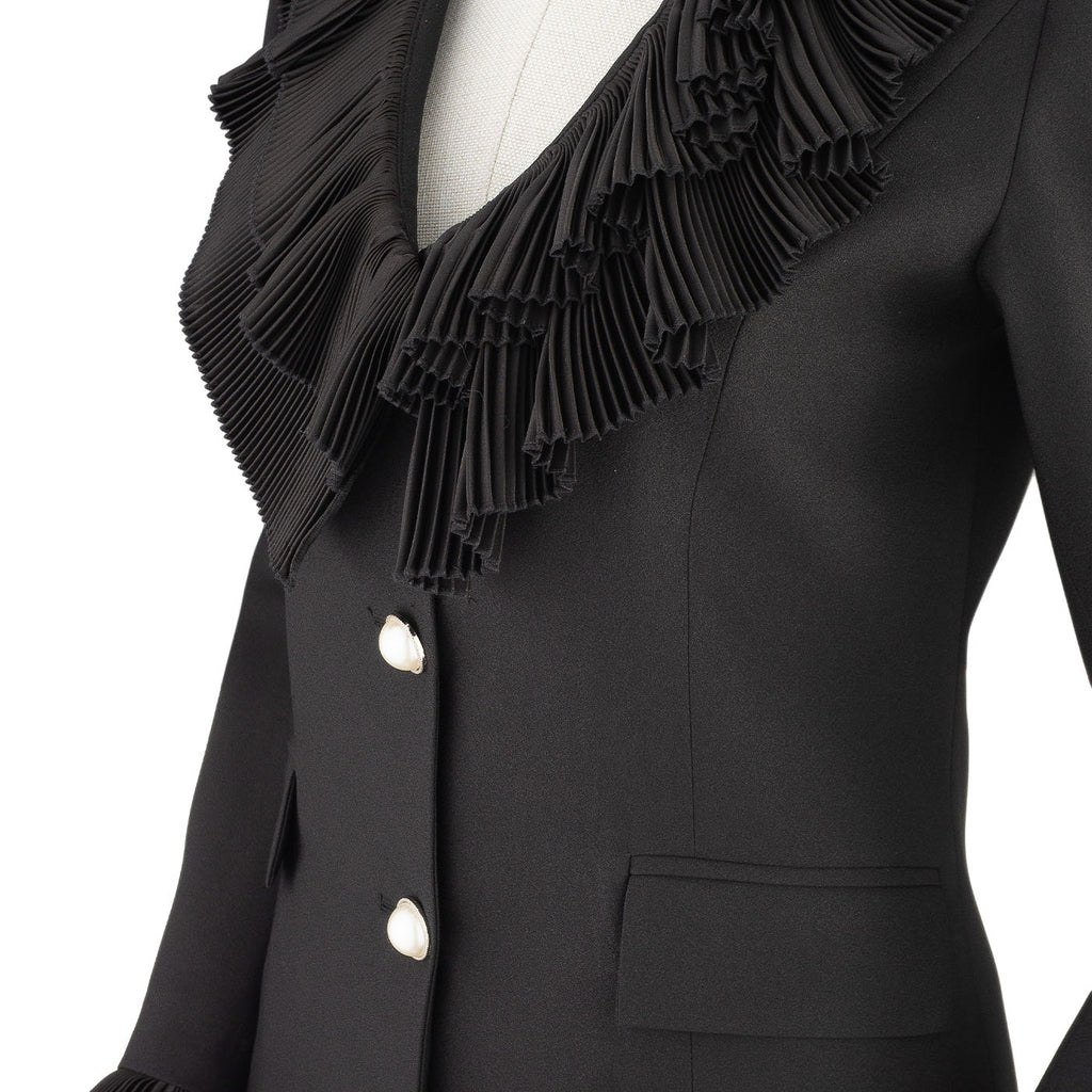 Black Women's Dress with Pleated Ruffles and Pearl Buttons