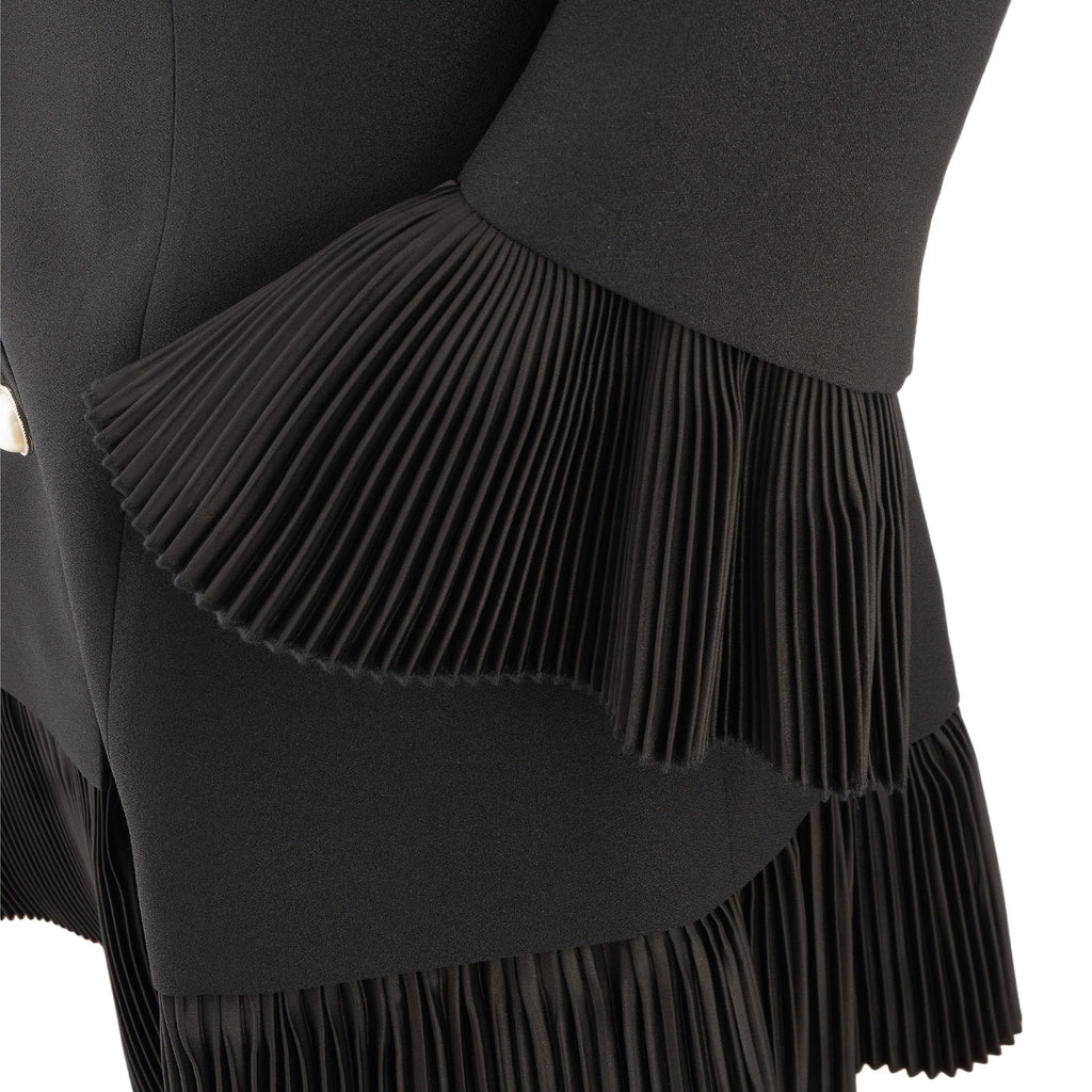 Black Women's Dress with Pleated Ruffles and Pearl Buttons