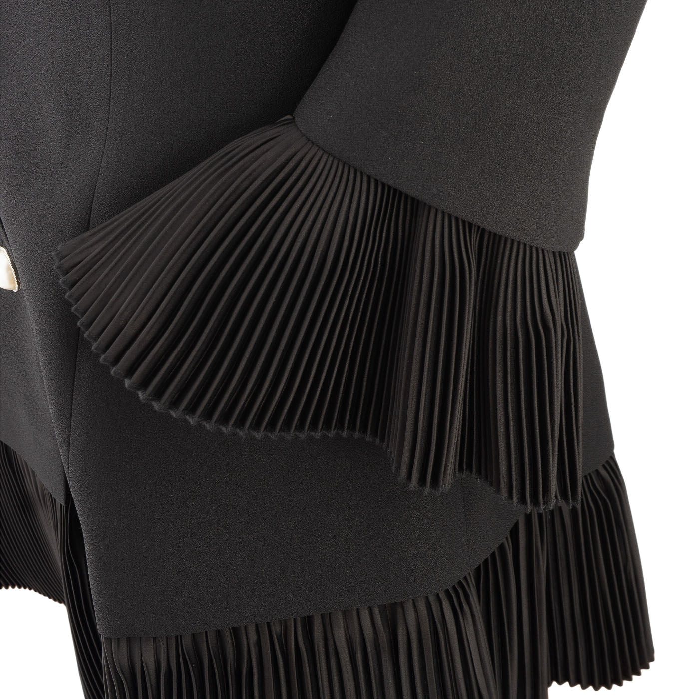 Black Women's Dress with Pleated Ruffles and Pearl Buttons