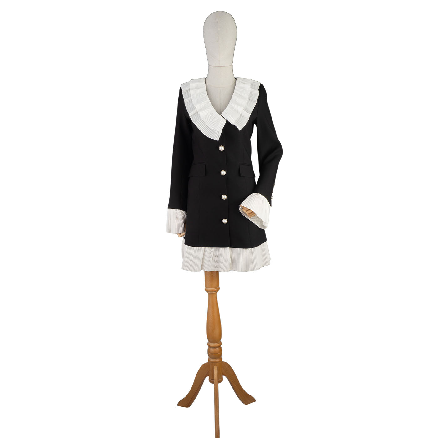 Black Blazer Dress with White Pleated Accents and Pearl Buttons