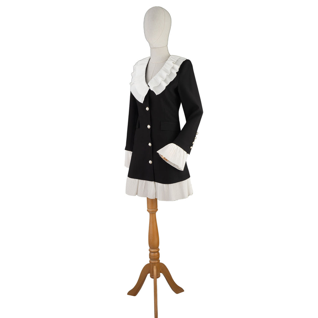 Black Blazer Dress with White Pleated Accents and Pearl Buttons