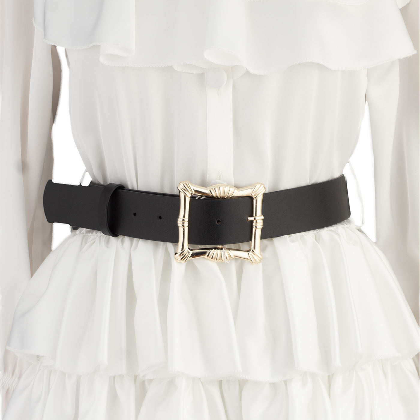 White Tiered Ruffle Dress with Belt