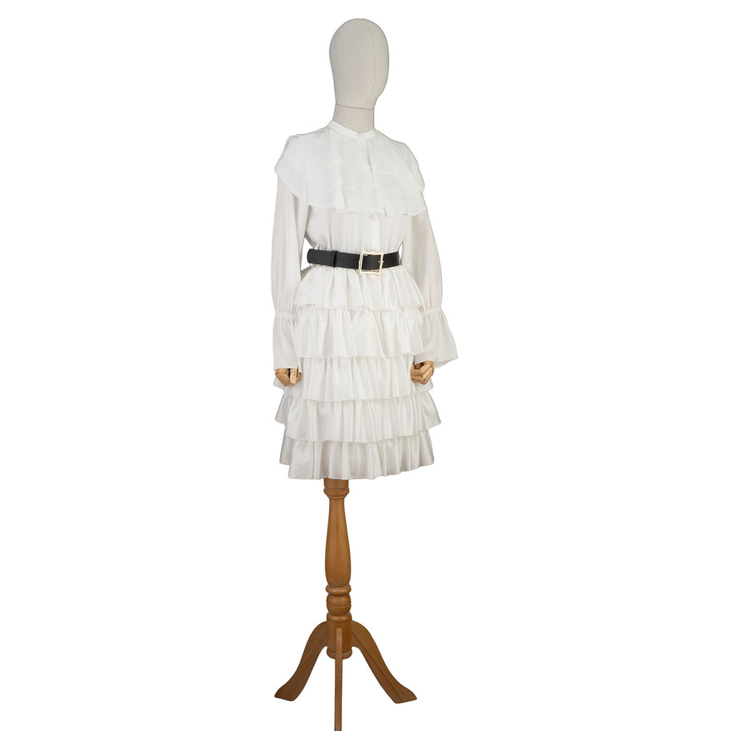 White Tiered Ruffle Dress with Belt