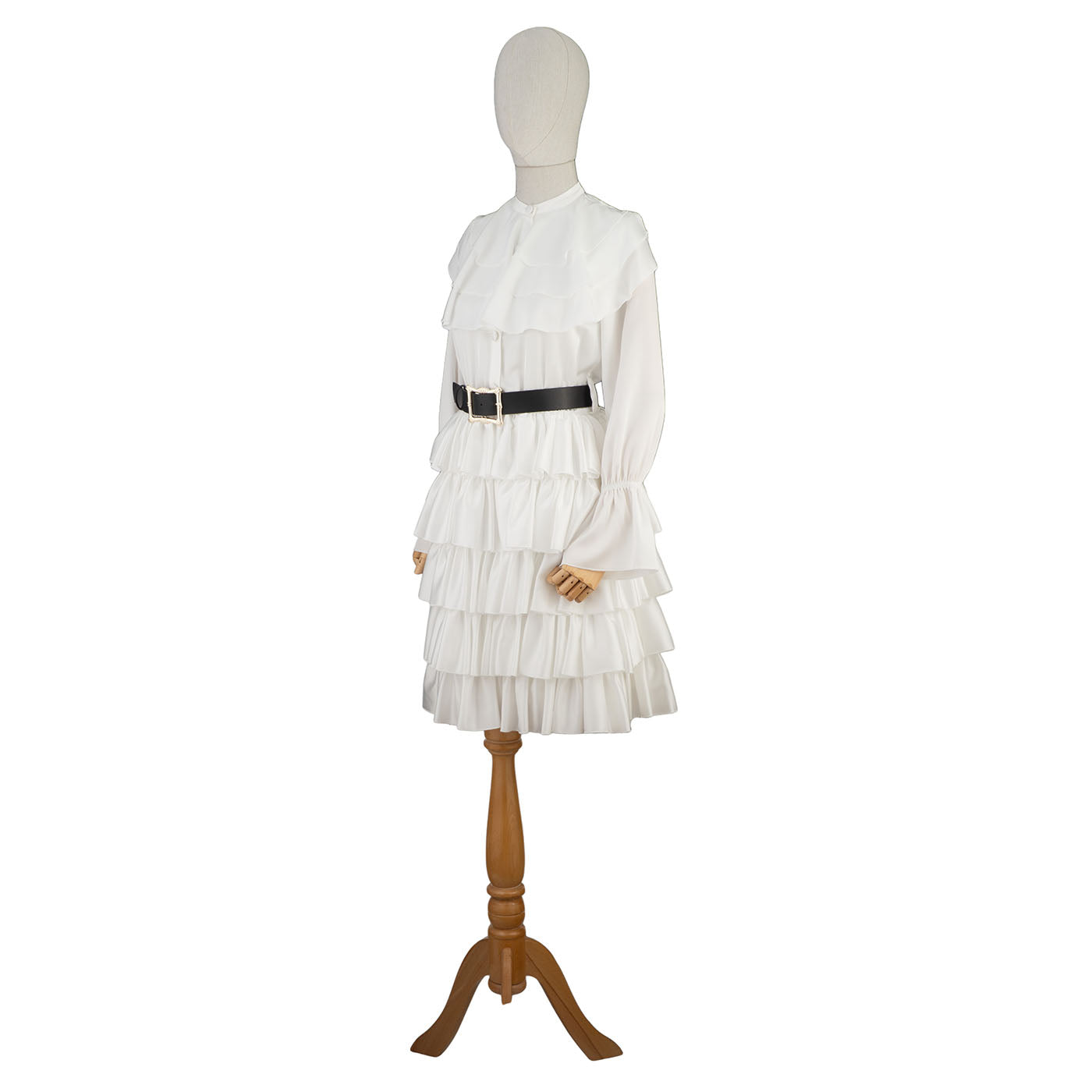 White Tiered Ruffle Dress with Belt