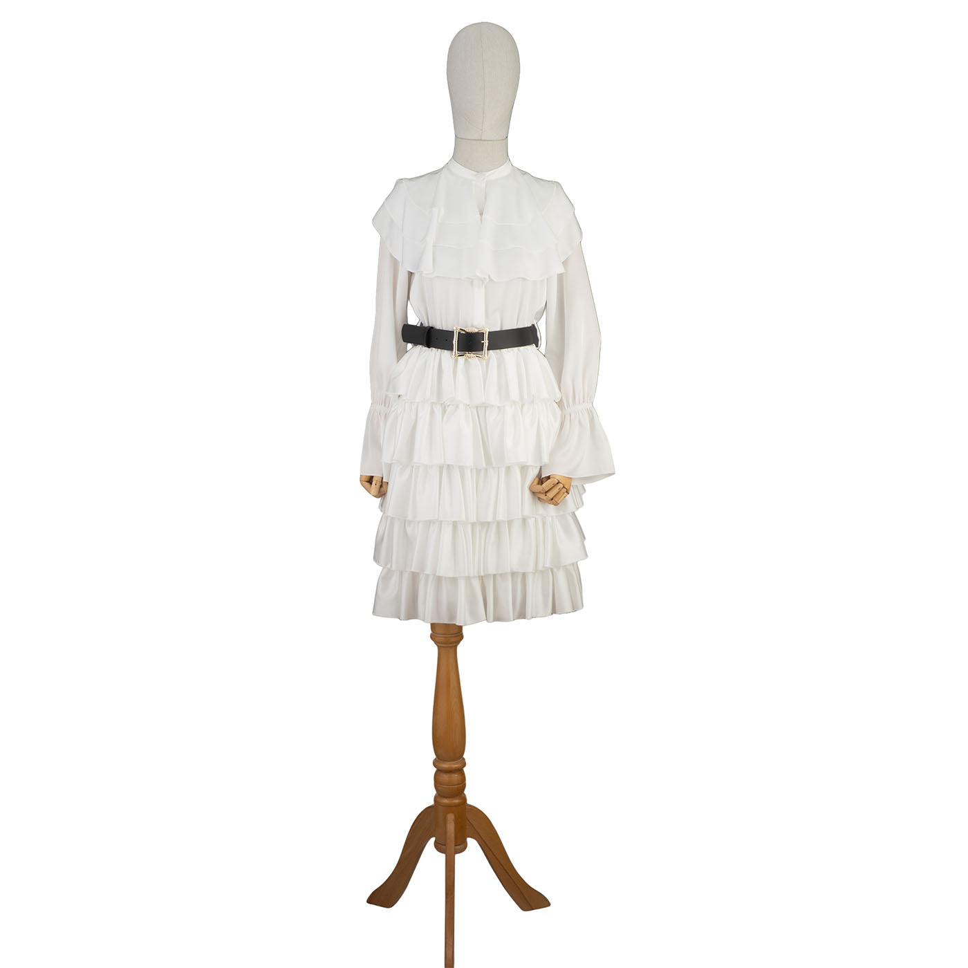 White Tiered Ruffle Dress with Belt