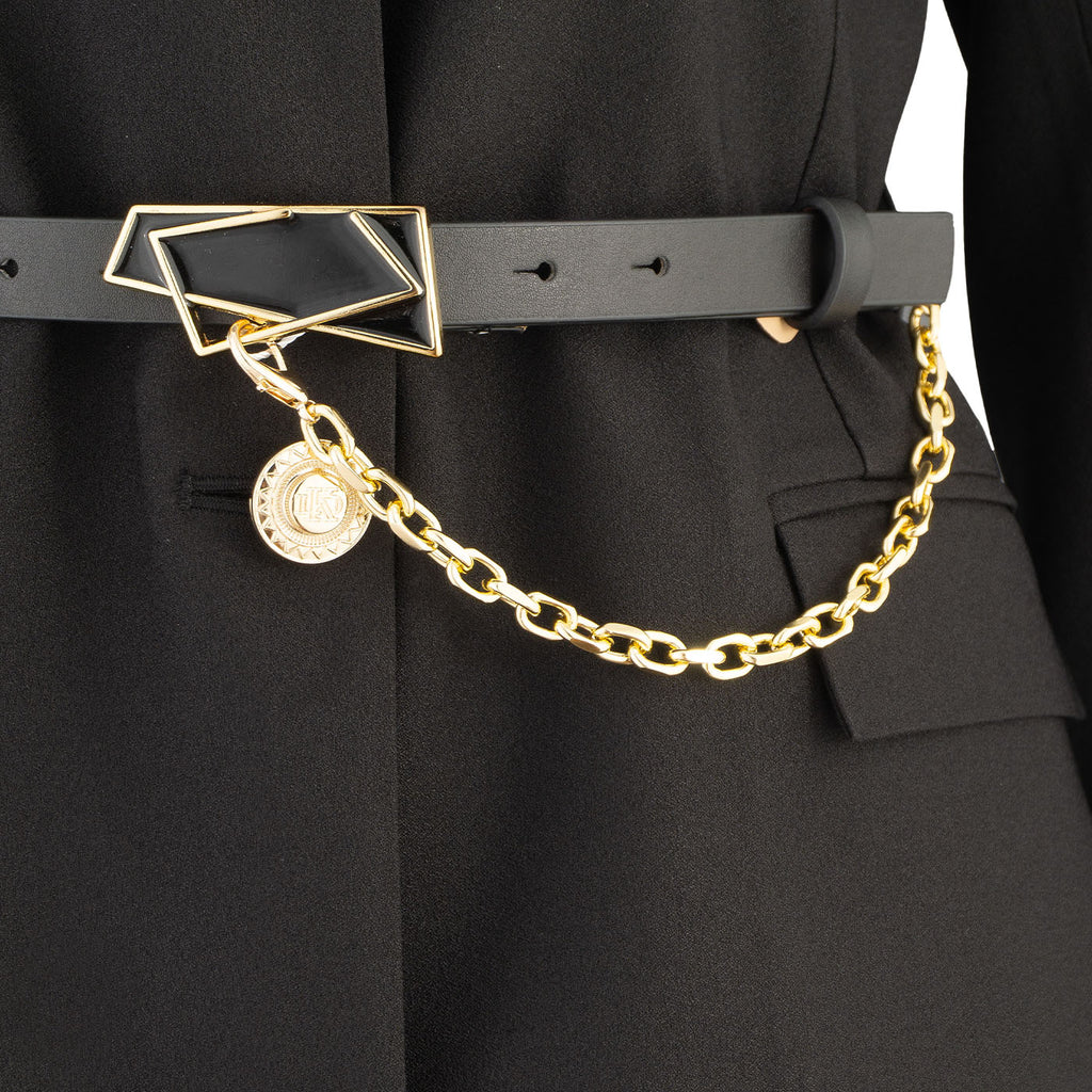 Black Women's Blazer Dress with Chain Belt