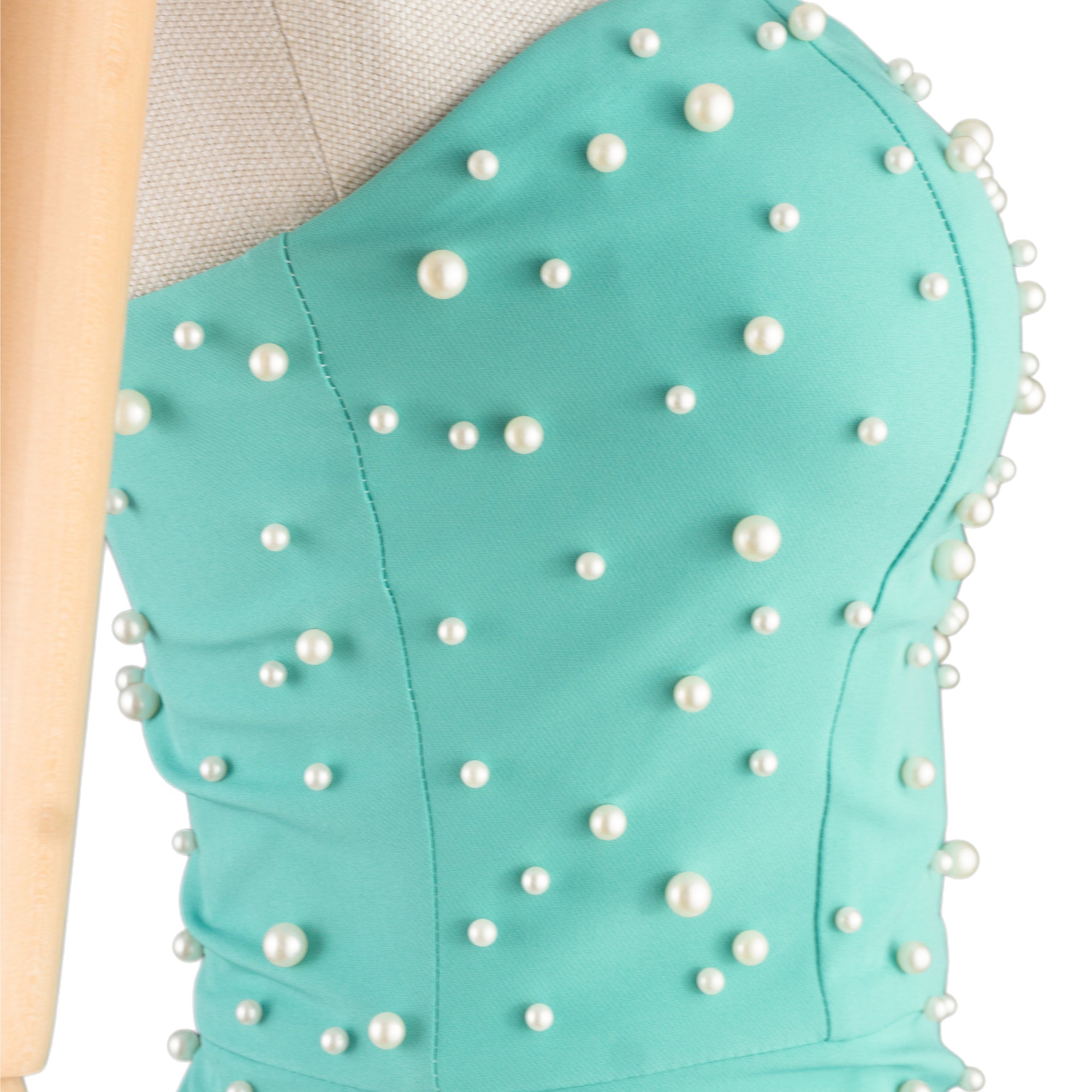 Mint Strapless Midi Dress with Pearls and Feather Hem