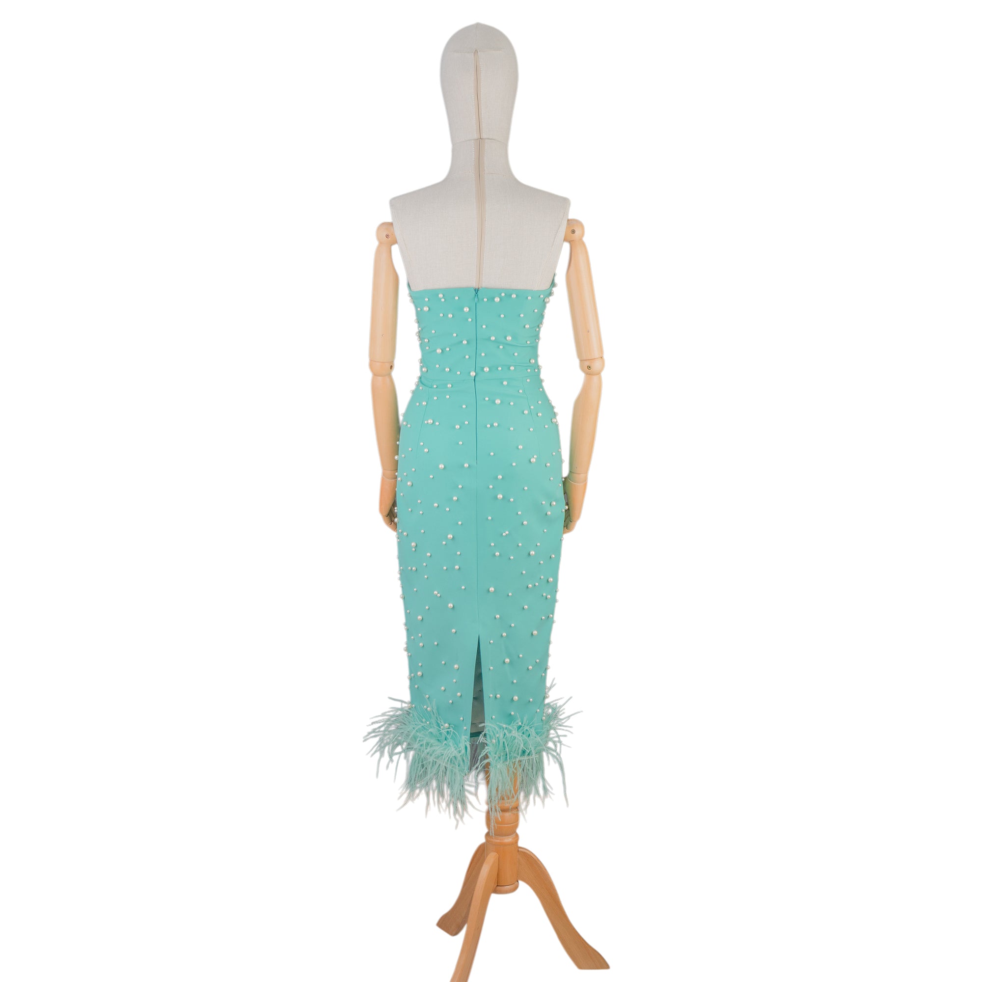 Mint Strapless Midi Dress with Pearls and Feather Hem