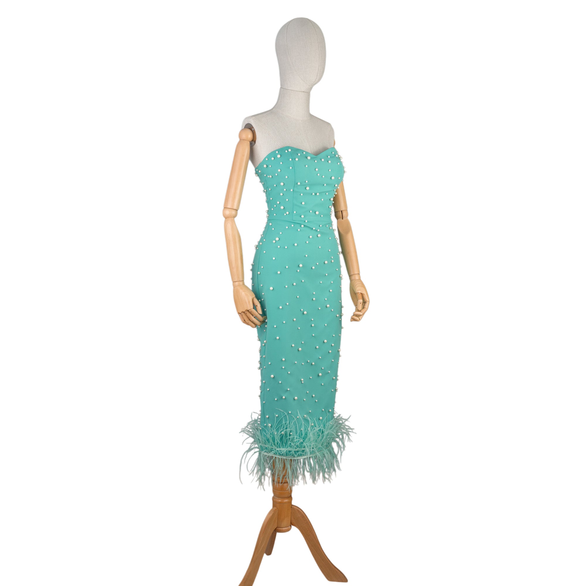 Mint Strapless Midi Dress with Pearls and Feather Hem