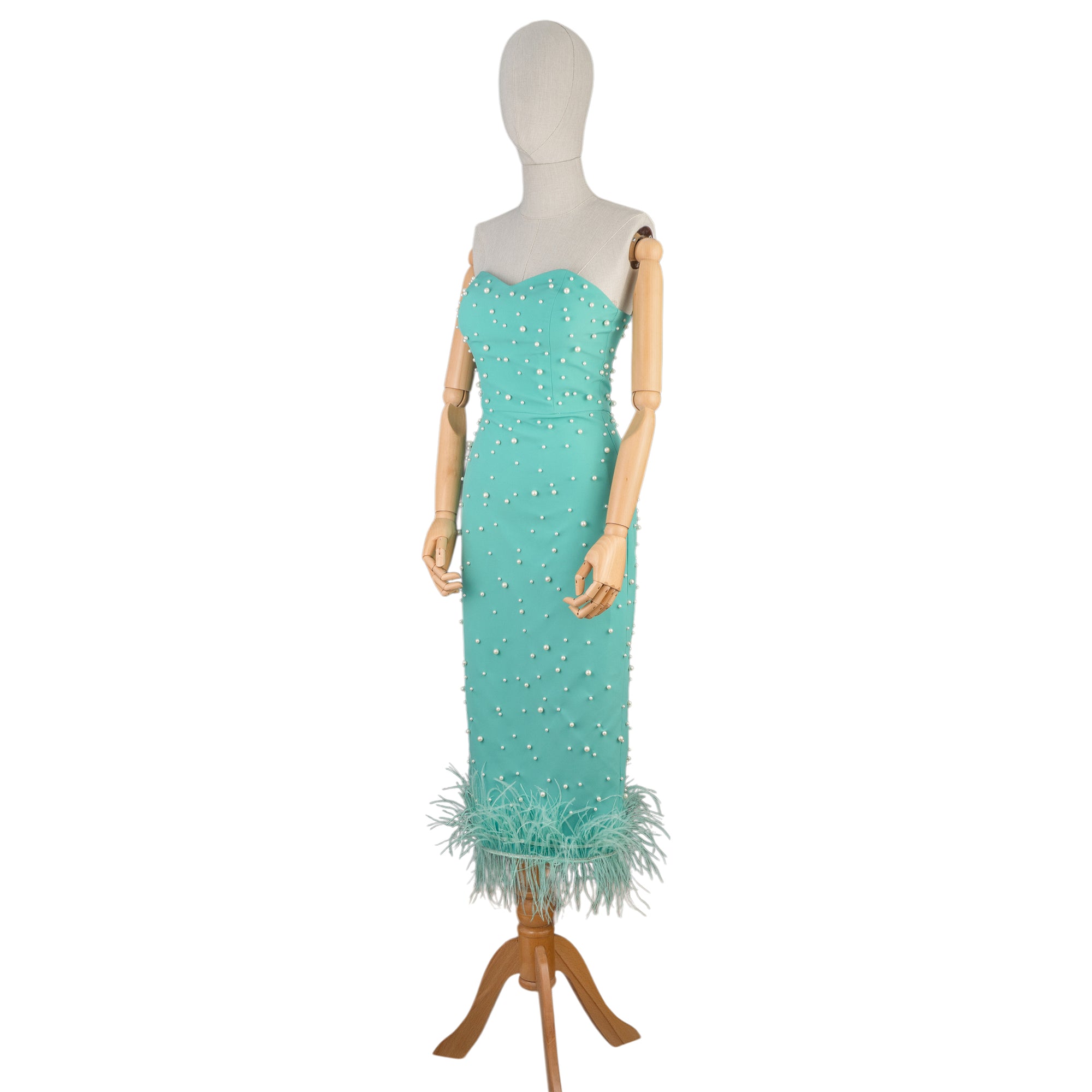 Mint Strapless Midi Dress with Pearls and Feather Hem