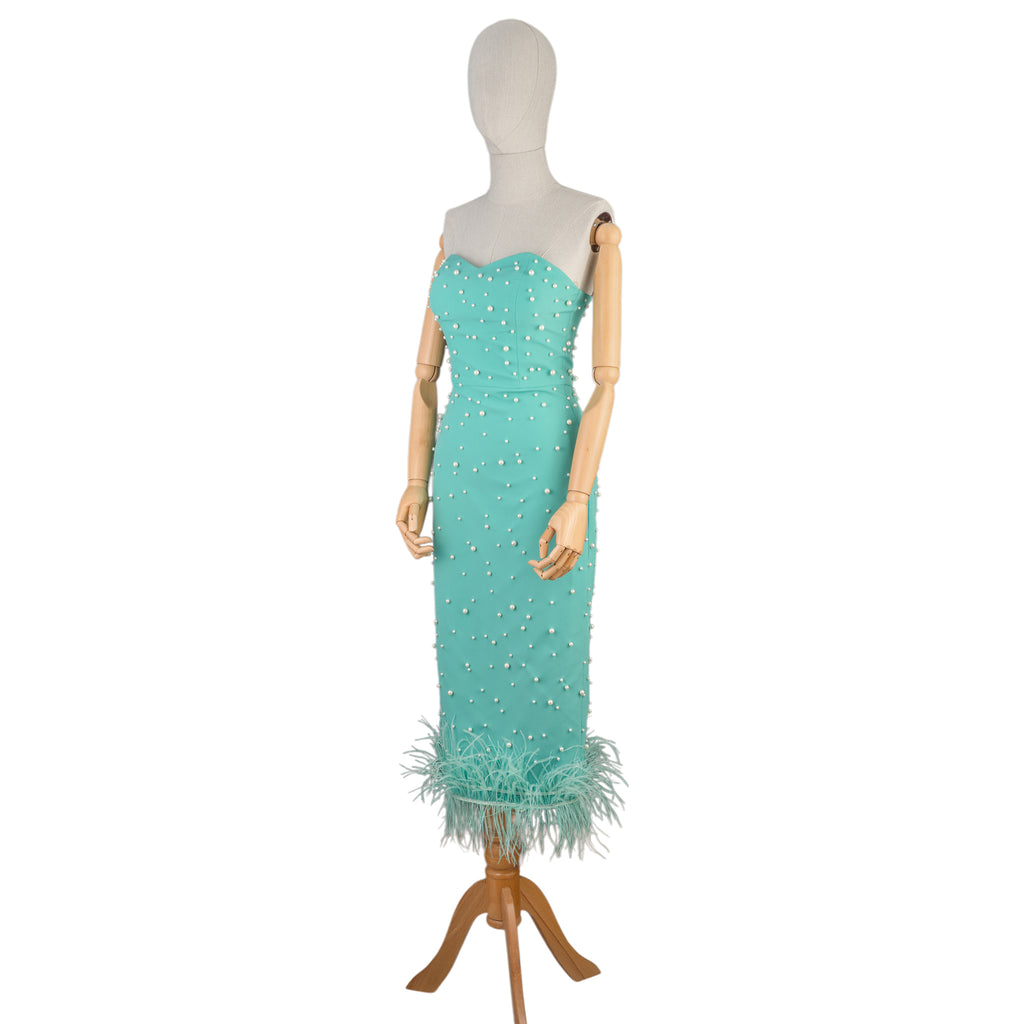 Mint Strapless Midi Dress with Pearls and Feather Hem