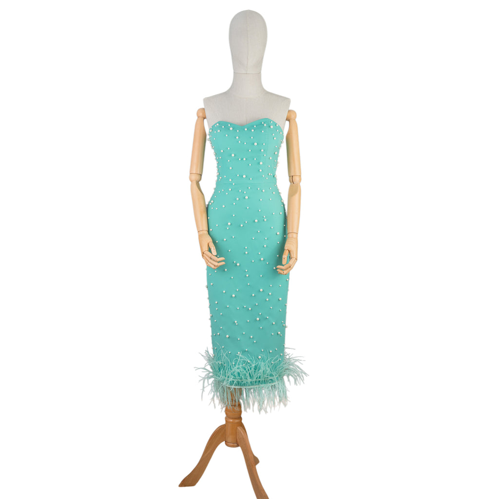 Mint Strapless Midi Dress with Pearls and Feather Hem